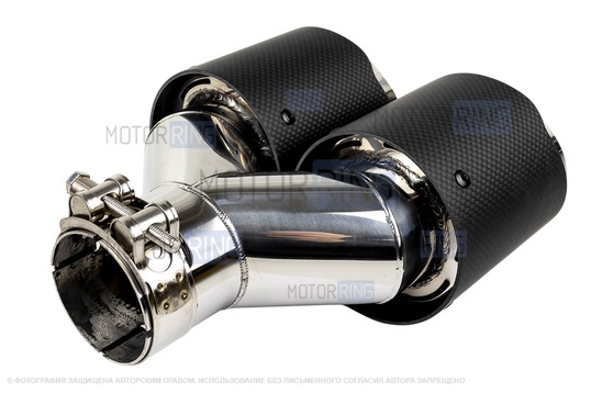 Раздвоенная насадка глушителя из нержавеющей стали Sal-Man HJ-CBM005 d89мм со скосом и фигурной карбоновой накладкой