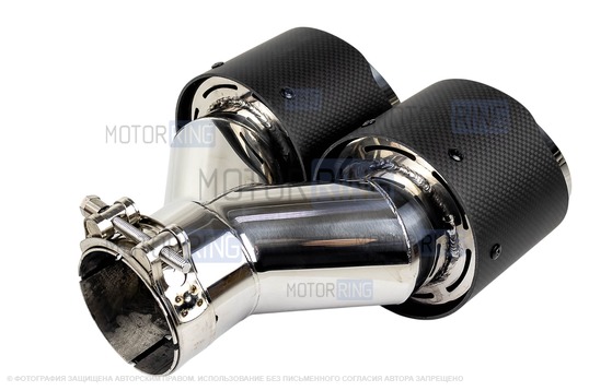 Раздвоенная насадка глушителя из нержавеющей стали Sal-Man HJ-CBM006 d101мм со скосом и фигурной карбоновой накладкой