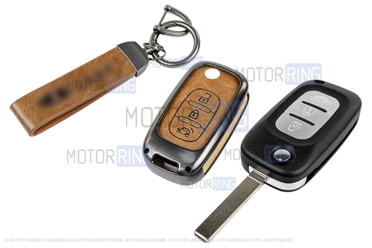 Выкидной ключ замка зажигания без чипа с алюминиевым чехлом (коричневый с текстурой кожи) для Лада Веста, Икс Рей, Ларгус FL_1