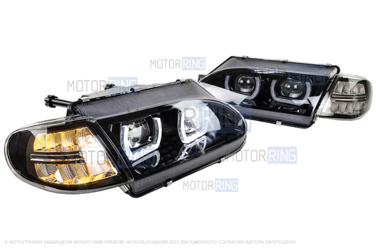 Фары в стиле БМВ с диодными модулями, встроенными ДХО и черной маской для ВАЗ 2113-2115_1