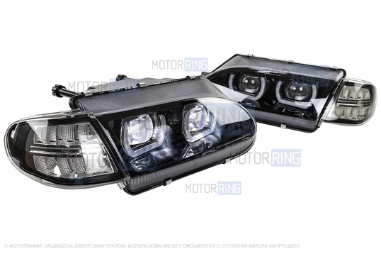 Фары в стиле БМВ с диодными модулями, встроенными ДХО и черной маской для ВАЗ 2113-2115