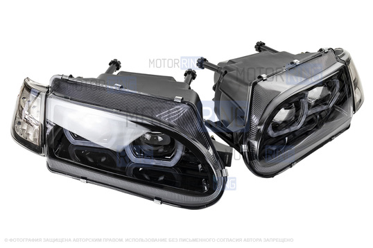 Фары в стиле БМВ с диодными модулями, встроенными ДХО и черной маской для ВАЗ 2113-2115