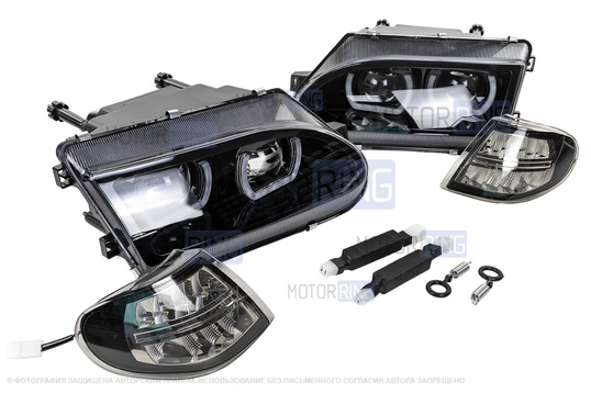 Фары в стиле БМВ с диодными модулями, встроенными ДХО и черной маской для ВАЗ 2113-2115