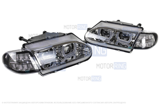 Фары в стиле БМВ с диодными модулями, встроенными ДХО и Хром маской для ВАЗ 2113-2115