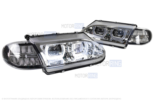 Фары в стиле БМВ с диодными модулями, встроенными ДХО и Хром маской для ВАЗ 2113-2115