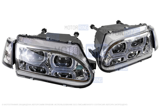 Фары в стиле БМВ с диодными модулями, встроенными ДХО и Хром маской для ВАЗ 2113-2115
