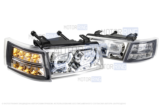 Фары в стиле БМВ с диодными модулями, встроенными ДХО и Хром маской для ВАЗ 2110-2112_1