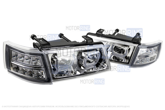 Фары в стиле БМВ с диодными модулями, встроенными ДХО и Хром маской для ВАЗ 2110-2112