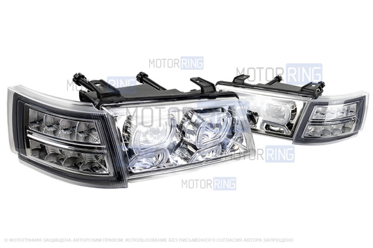Фары в стиле БМВ с диодными модулями, встроенными ДХО и Хром маской для ВАЗ 2110-2112