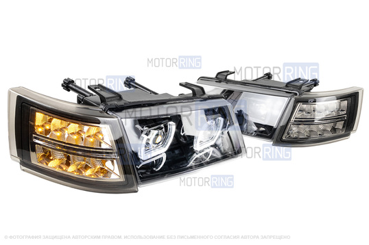 Фары в стиле БМВ с диодными модулями, встроенными ДХО и черной маской для ВАЗ 2110-2112_1