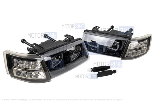 Фары в стиле БМВ с диодными модулями, встроенными ДХО и черной маской для ВАЗ 2110-2112