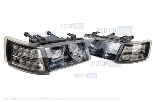 Фары в стиле БМВ с диодными модулями, встроенными ДХО и черной маской для ВАЗ 2110-2112