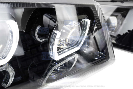 Фары в стиле БМВ с диодными модулями, встроенными ДХО и черной маской для ВАЗ 2110-2112