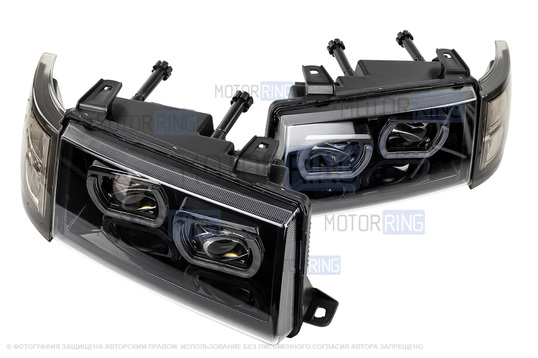 Фары в стиле БМВ с диодными модулями, встроенными ДХО и черной маской для ВАЗ 2110-2112