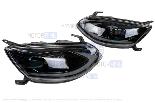 Черные фары в стиле Лексус с линзой (Bi-Led) для Лада Калина 2