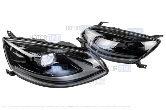 Черные фары в стиле Лексус с линзой (Bi-Led) для Лада Калина 2