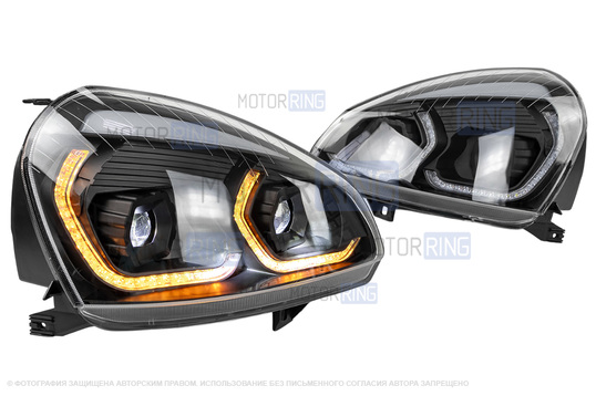 Черные фары в стиле БМВ с линзой (Bi-Led) для Лада Приора_1