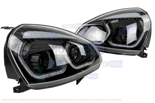 Черные фары в стиле БМВ с линзой (Bi-Led) для Лада Приора