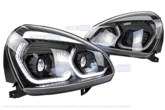 Черные фары в стиле БМВ с линзой (Bi-Led) для Лада Приора