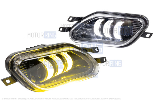 Диодные двухцветные ПТФ Sal-Man 50W 4600lux (бело-синий 6000К и желтый 3000К) 3 линзы для Daewoo Nexia 1995-2008 г.в._1