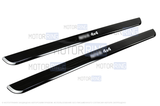 Черные лаковые накладки внутренних порогов Sal-Man с указанием модели (зеленая подсветка) для 3-дверной Лада 4х4, Нива Легенд