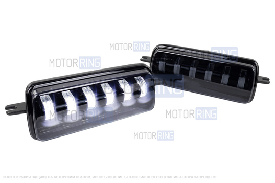 Светодиодные подфарники TheBestPartner 6 линз (тонированное стекло) с ДХО и бегающим поворотником для Лада 4х4, Нива Легенд