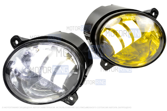 Диодные ПТФ Sal-Man двухцветные (бело-синий 6000К и желтый 3000К) 50W 4600lux для Лада Калина, Калина 2, Гранта, Ларгус, Датсун до 2019 г.в., УАЗ Патриот_1