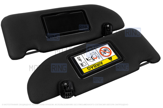 Солнцезащитные козырьки в экокоже с черной строчкой (2 зеркала, информационная наклейка, черные кроншнейны) для Лада Веста, Веста NG_1