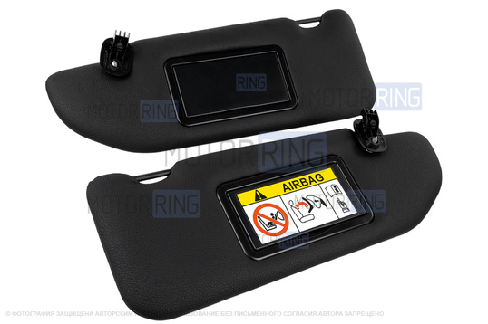 Солнцезащитные козырьки в экокоже с черной строчкой (2 зеркала, информационная наклейка, черные кроншнейны) для Лада Веста, Веста NG