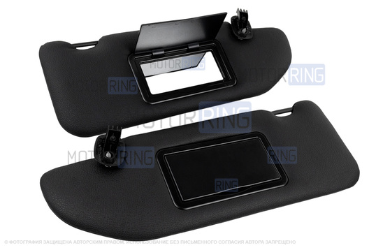 Солнцезащитные козырьки в экокоже с черной строчкой (2 зеркала, информационная наклейка, черные кроншнейны) для Лада Веста, Веста NG