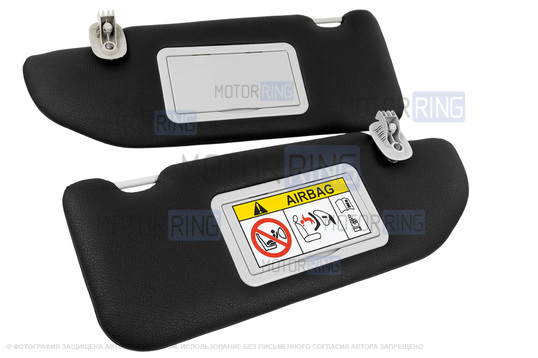 Солнцезащитные козырьки в экокоже с черной строчкой (2 зеркала, информационная наклейка, светлые кроншнейны) для Лада Веста, Веста NG_1