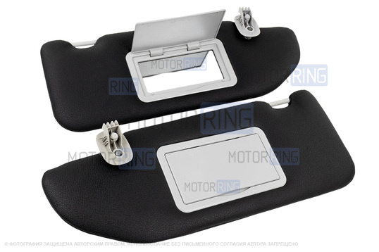 Солнцезащитные козырьки в экокоже с черной строчкой (2 зеркала, информационная наклейка, светлые кроншнейны) для Лада Веста, Веста NG