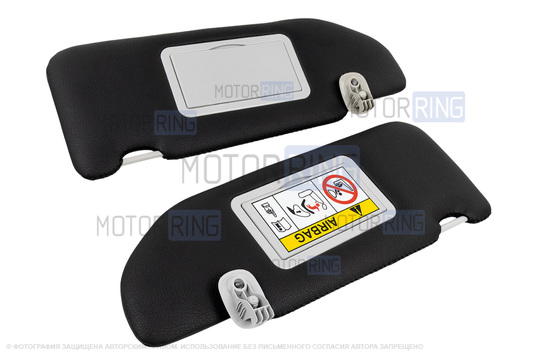 Солнцезащитные козырьки в экокоже с черной строчкой (2 зеркала, информационная наклейка, светлые кроншнейны) для Лада Веста, Веста NG