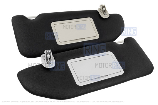 Солнцезащитные козырьки в экокоже с черной строчкой (2 зеркала, светлые кроншнейны) для Лада Веста, Веста NG