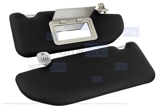 Солнцезащитные козырьки в экокоже с черной строчкой (1 зеркало, светлые кроншнейны) для Лада Веста, Веста NG_1