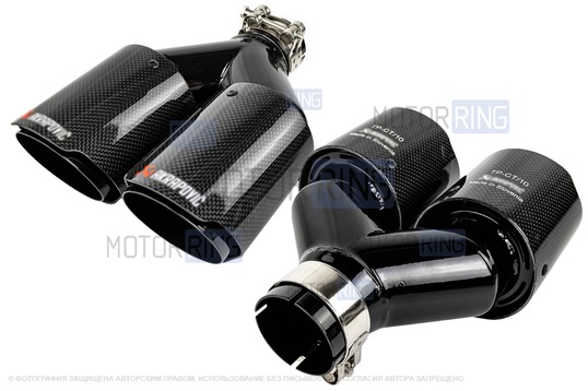 Раздвоенные насадки глушителя открытого типа (2шт) из нержавеющей стали со скосом и накладками глянцевый карбон_1