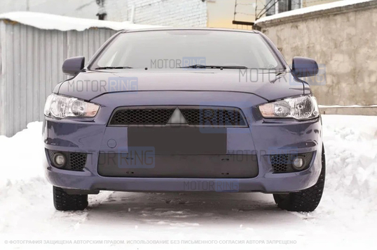 Зимняя заглушка решетки переднего бампера Русская Артель для Mitsubishi Lancer 10 2007-2010 г.в.