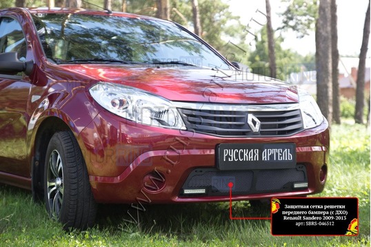Защитная сетка решетки переднего бампера Русская Артель для Renault Sandero 2009-2013 г.в. с ДХО