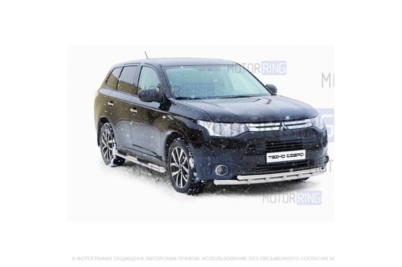 Защита порогов ТехноСфера Труба с проступью d76  для Mitsubishi Outlander 2012-2015 г.в.