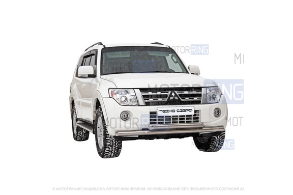 Защита переднего бампера ТехноСфера Труба двойная d63,5 для Mitsubishi Pajero IV 2011-2015 г.в.