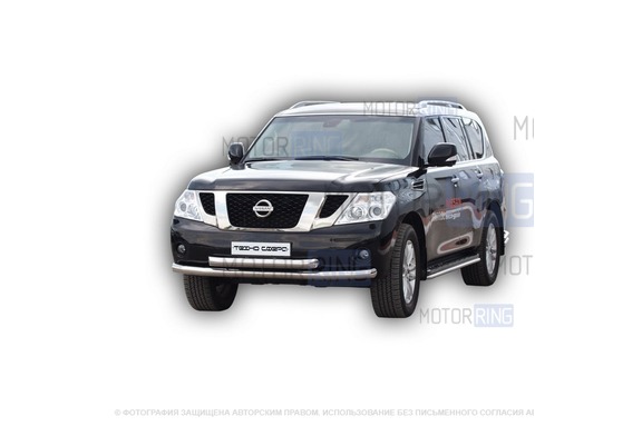 Защита переднего бампера ТехноСфера Труба двойная d76 для Nissan Patrol 2010-2014 г.в.
