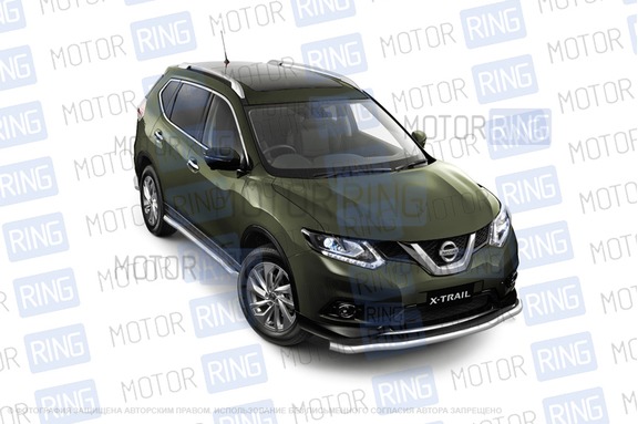 Защита порогов PT Group вогнутая 63мм из нержавеющей стали для Nissan X-Trail с 2015 г.в.