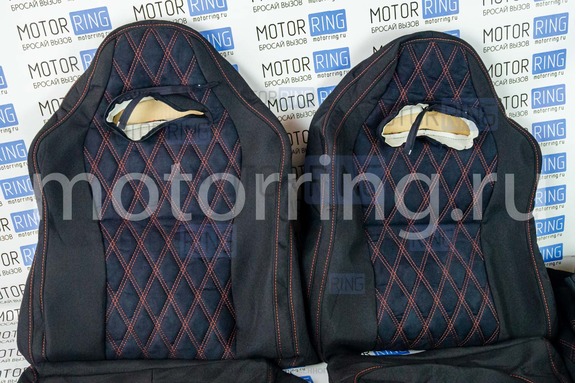Обивка (не чехлы) сидений Recaro ткань с алькантарой (цветная строчка Ромб/Квадрат) для ВАЗ 2110, Лада Приора седан