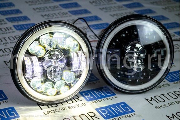 Светодиодные фары TheBestPartner 7 дюймов Череп черные с LED кольцом повторителя поворотника и ДХО для ВАЗ 2101, 2102, Лада 4х4, Нива Легенд