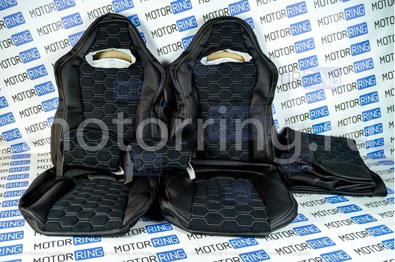 Обивка (не чехлы) сидений Recaro экокожа с алькантарой (цветная строчка Соты) для ВАЗ 2111, 2112, Лада Приора хэтчбек, универсал