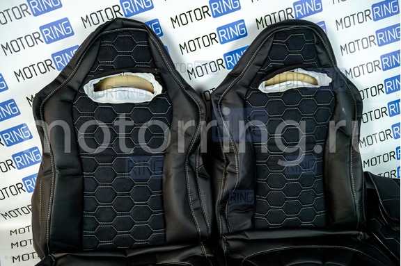 Обивка (не чехлы) сидений Recaro экокожа с алькантарой (цветная строчка Соты) для ВАЗ 2111, 2112, Лада Приора хэтчбек, универсал