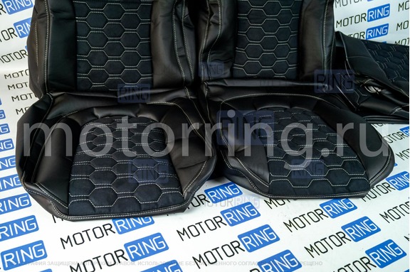 Обивка (не чехлы) сидений Recaro экокожа с алькантарой (цветная строчка Соты) для ВАЗ 2111, 2112, Лада Приора хэтчбек, универсал
