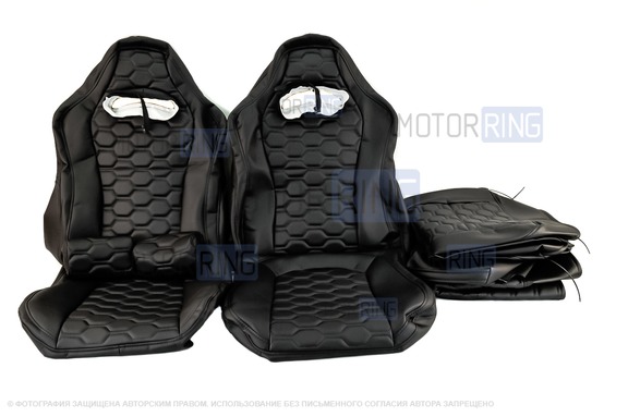 Обивка (не чехлы) сидений Recaro экокожа гладкая с цветной строчкой Соты для ВАЗ 2110, Лада Приора седан