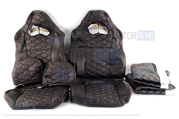 Обивка (не чехлы) сидений Recaro экокожа (центр с перфорацией) с цветной строчкой Соты для ВАЗ 2108-21099, 2113-2115, 5-дверная Нива 2131