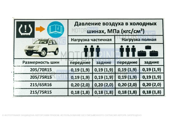 Наклейка информационная о давлении шин для Шевроле/Лада Нива, Нива Тревел